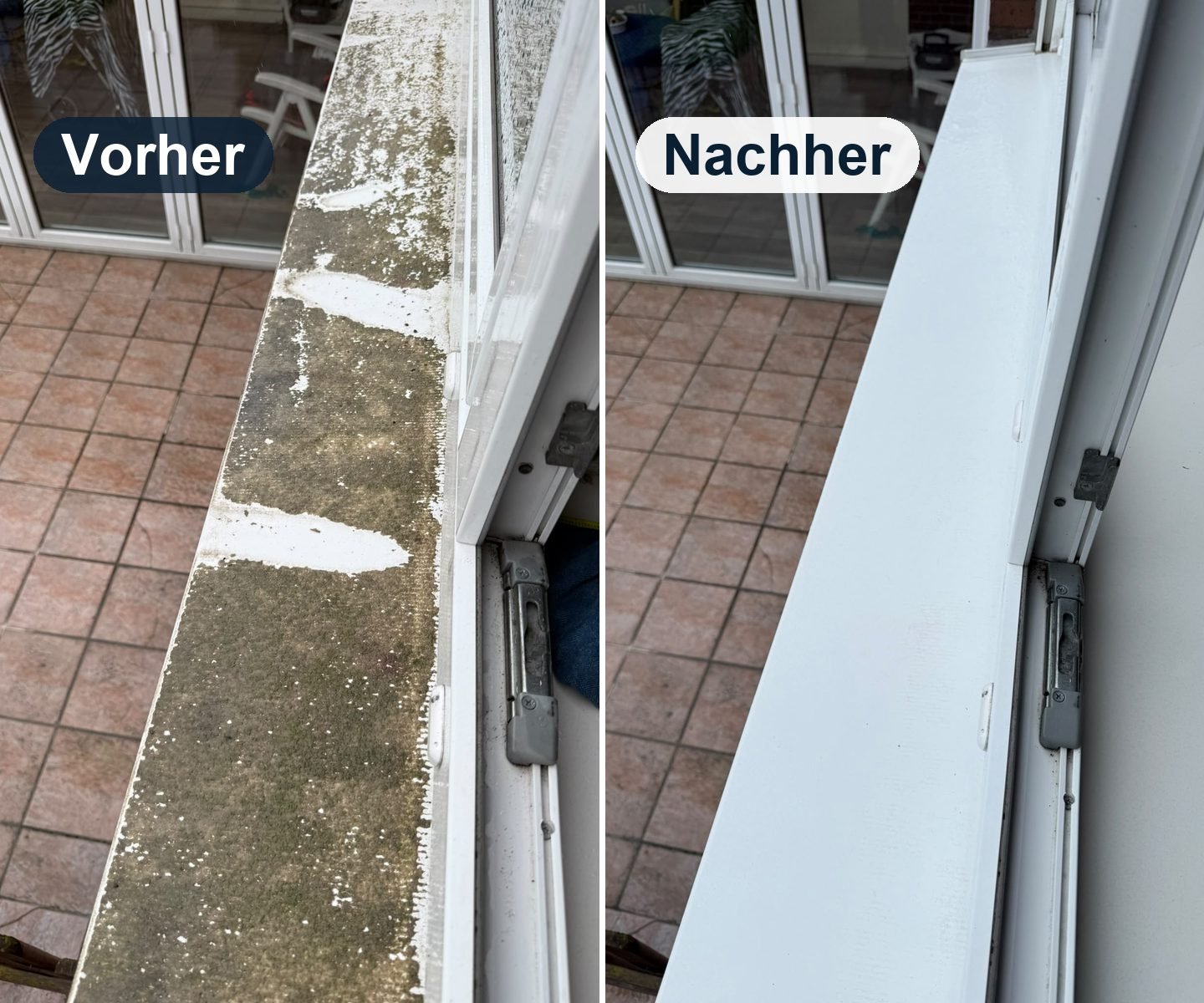 Fensterbank und Rahmen vorher mit Algen und Schmutz, nachher strahlend weiß